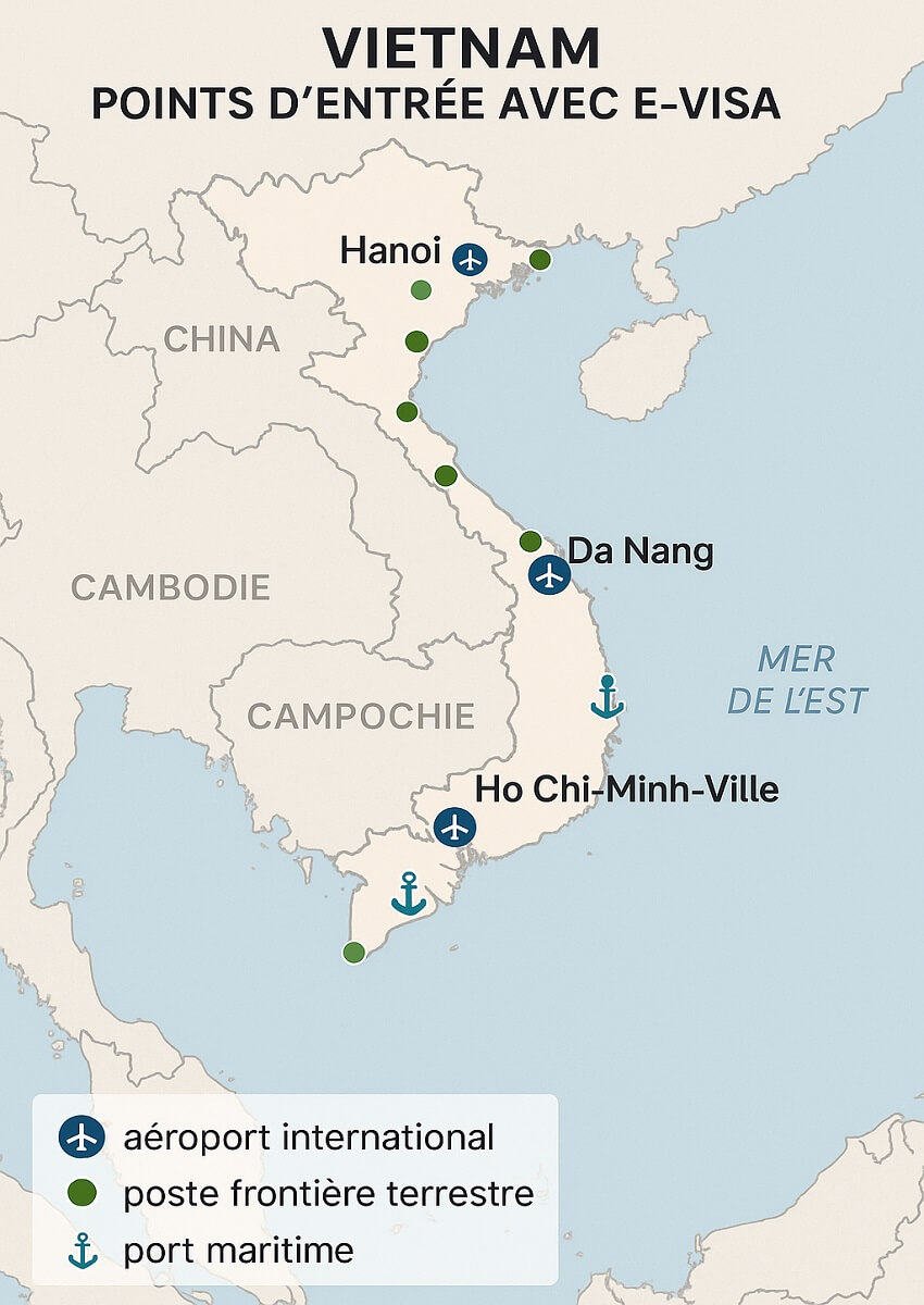 Carte graphique différentes entrées au Vietnam avec e-visa