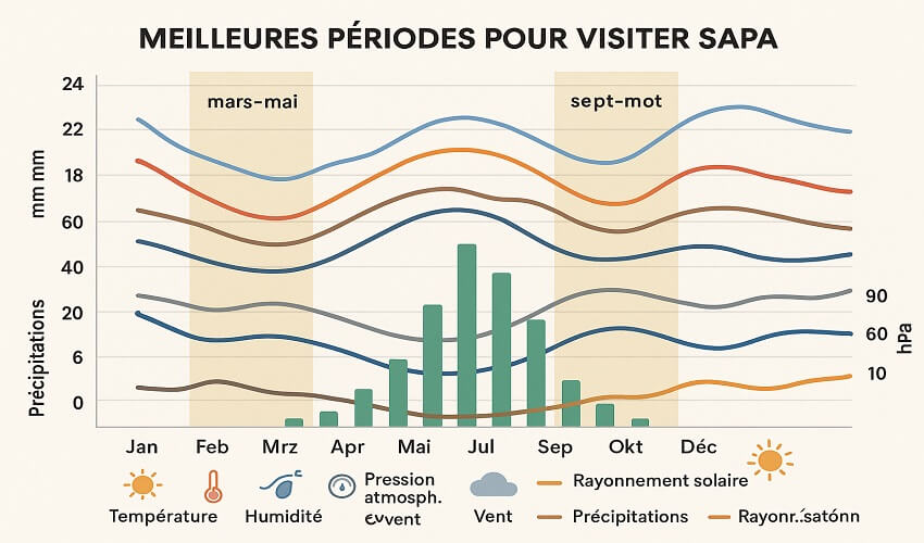 Graphique illustrant les meilleures périodes pour se rendre à Sapa