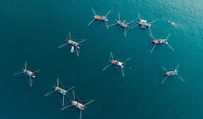 Bateaux de pêche vus depuis le cockpit de l'avion